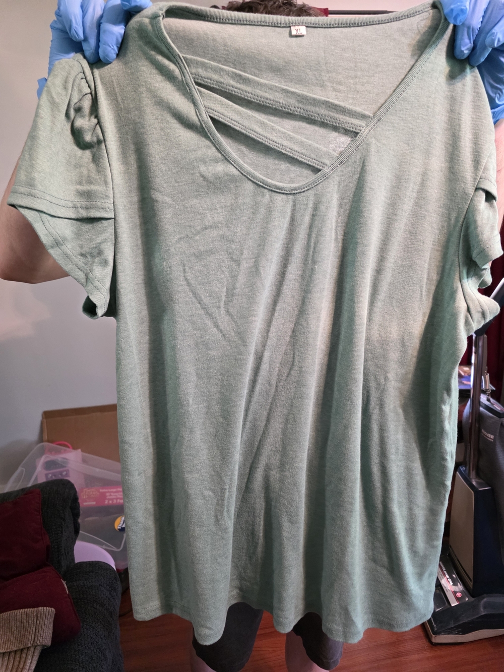 Sage Green Short Sleeve Top with Crisscross V-Neck